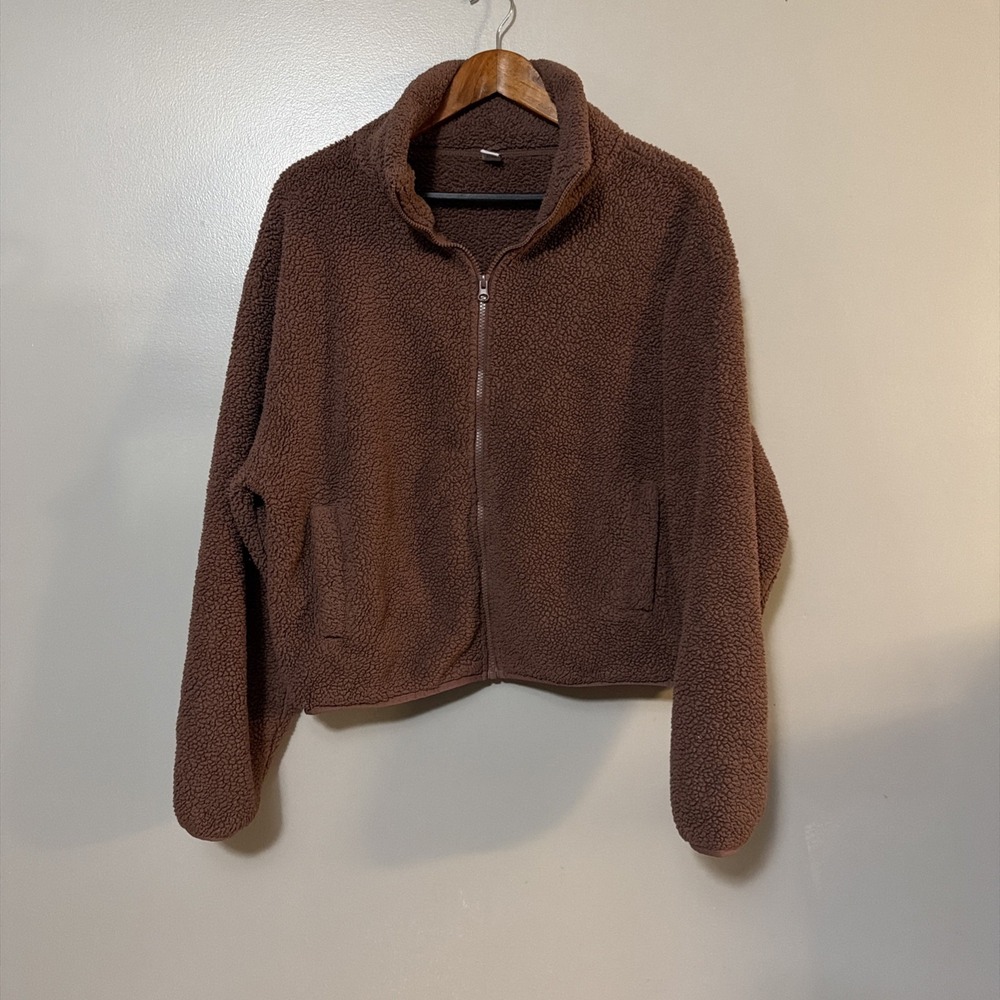 Old Navy Fleece Jacket Zip Up Teddy Brown Athleisure Neutral Cozy Casual Large